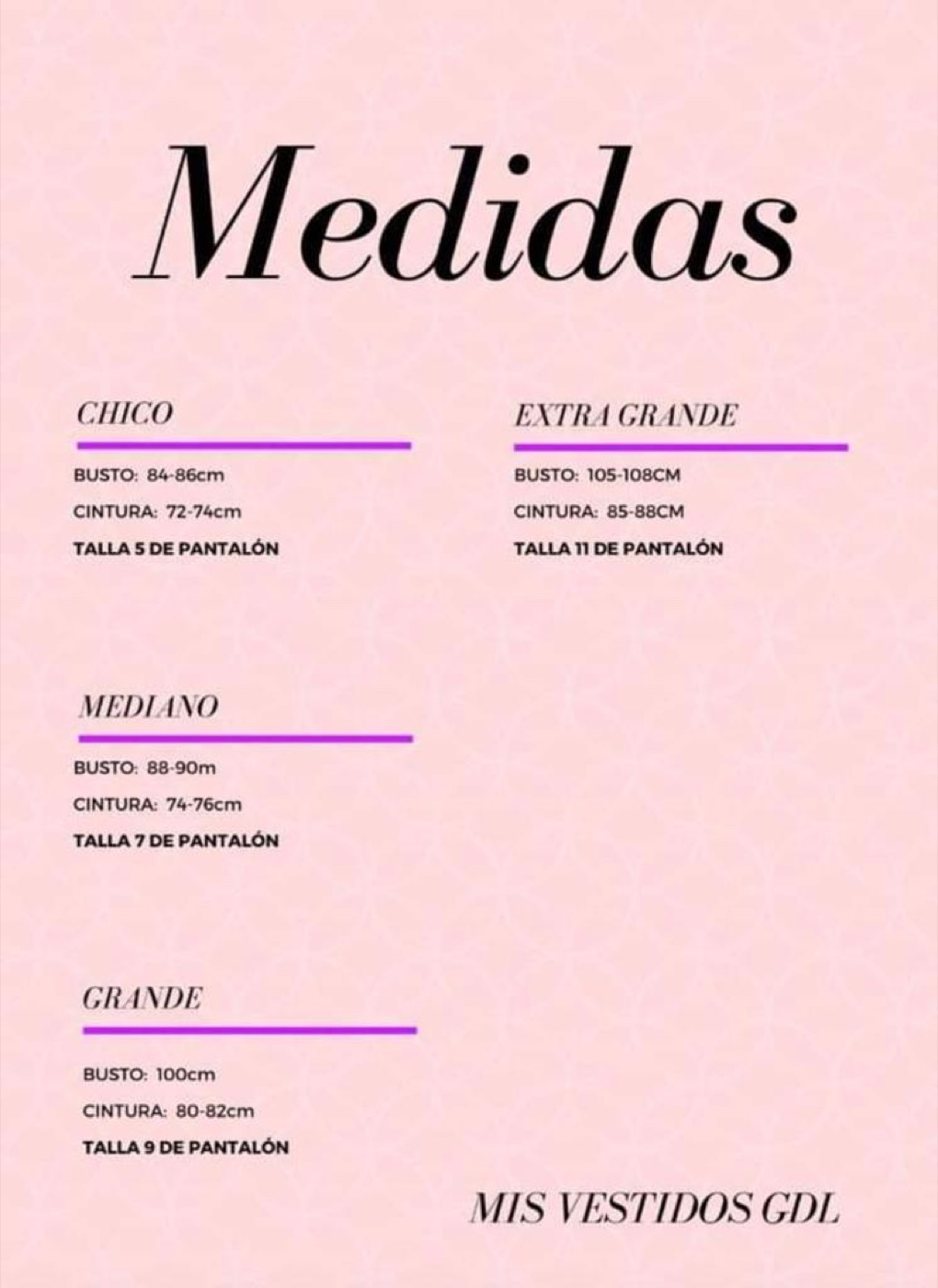 Tabla de medidas de Mis Vestidos Gdl con busto, cintura y cadera para tallas chica, mediana, grande y extra grande