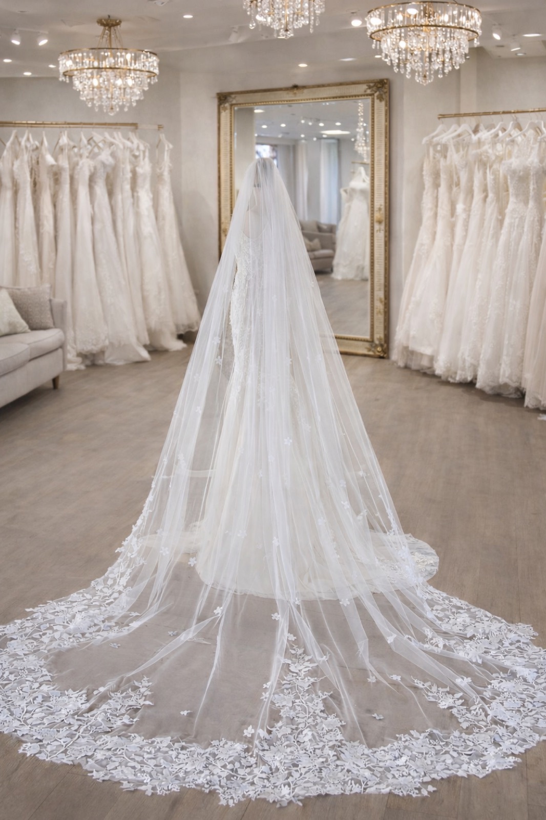 Velo de novia largo de encaje, colgado en la boutique