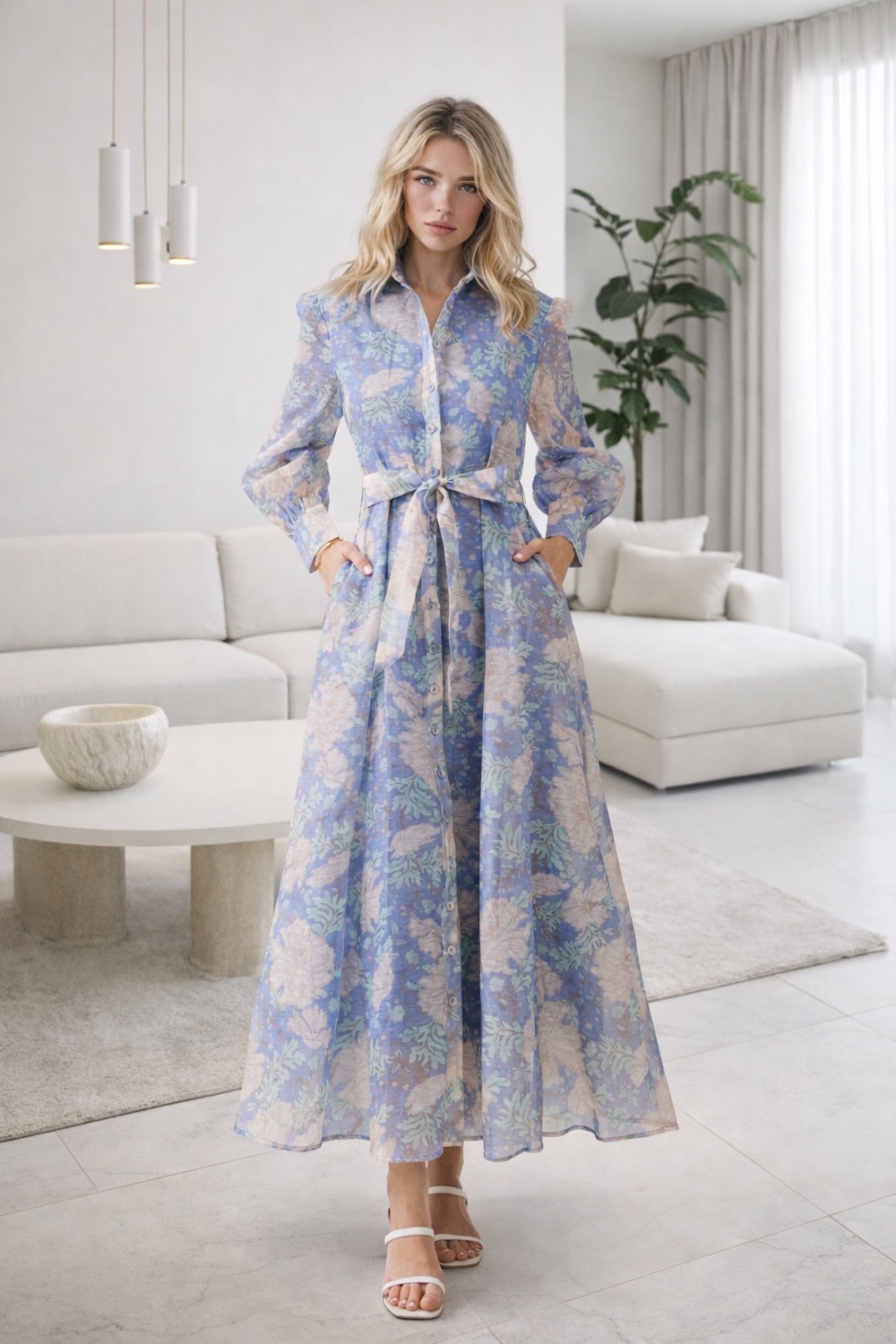Vestido casual largo con estampado floral azul