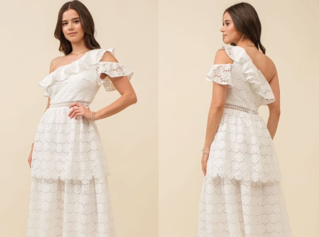 Vestido corto marfil para boda civil, visto de frente y de espalda