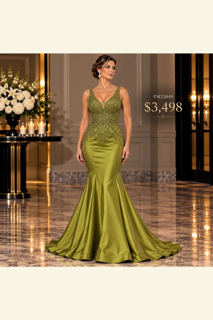 Vestidos En, sirena verde, limón con aplicaciones en Dorado