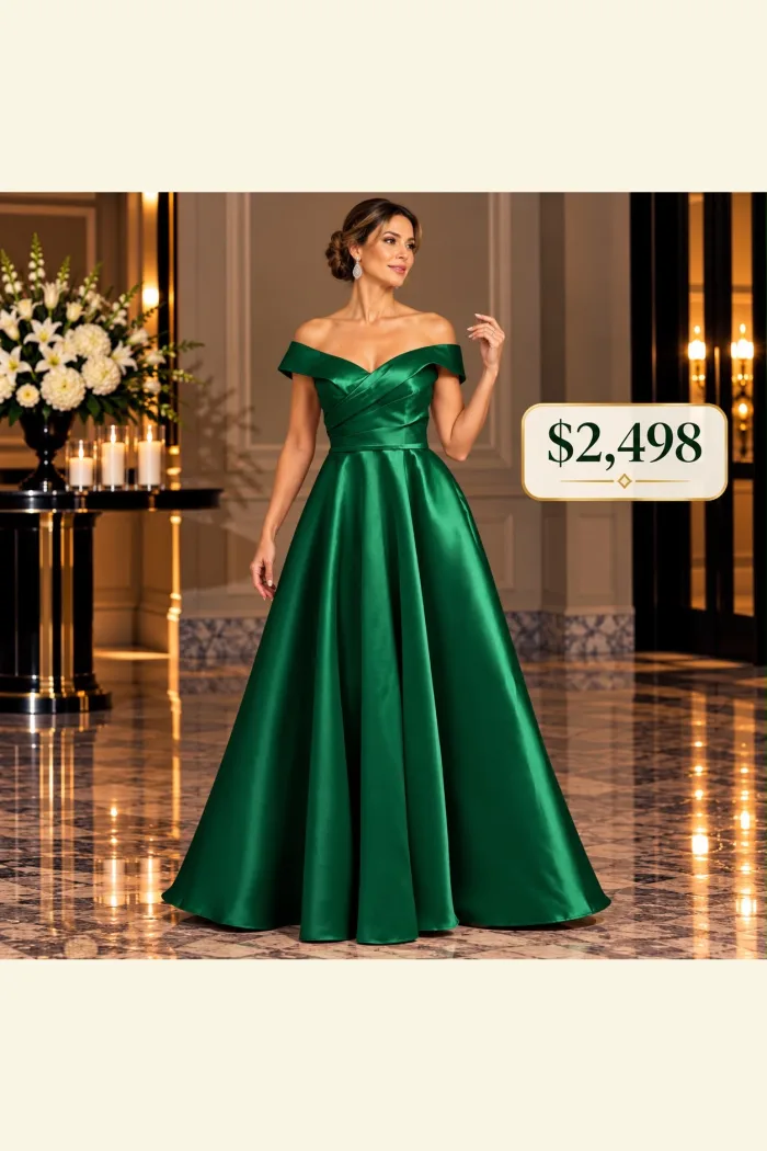 VESTIDO VERDE ESMERALDA CORTE A ESCOTE A MEDIO HOMBRO
