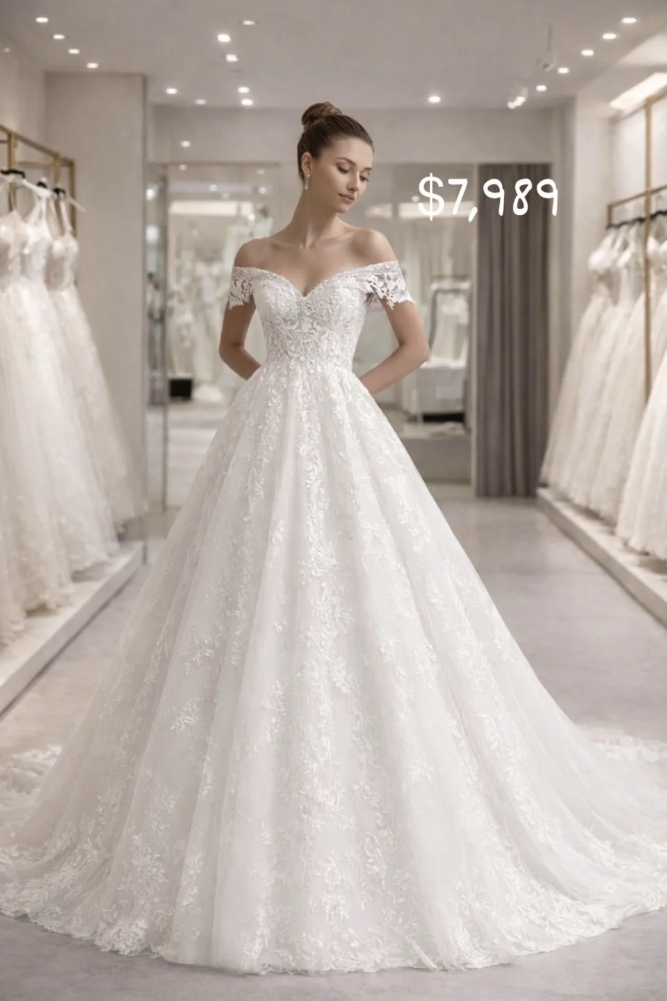 Vestido de novia corte princesa con hombros descubiertos con encaje