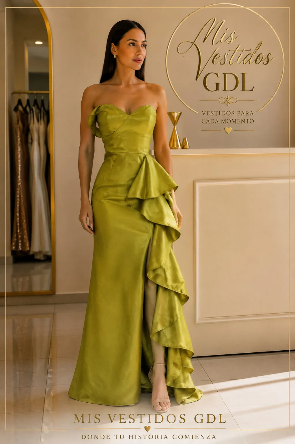 Vestido de fiesta verde limon asimétrico.