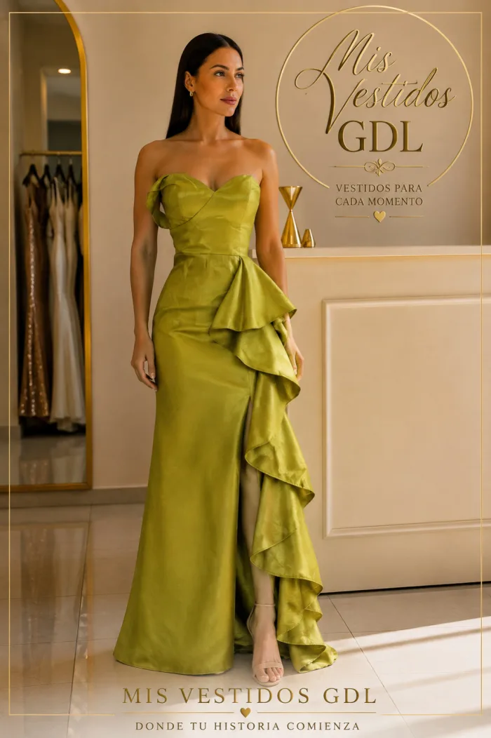 Vestido de fiesta verde limon asimétrico.