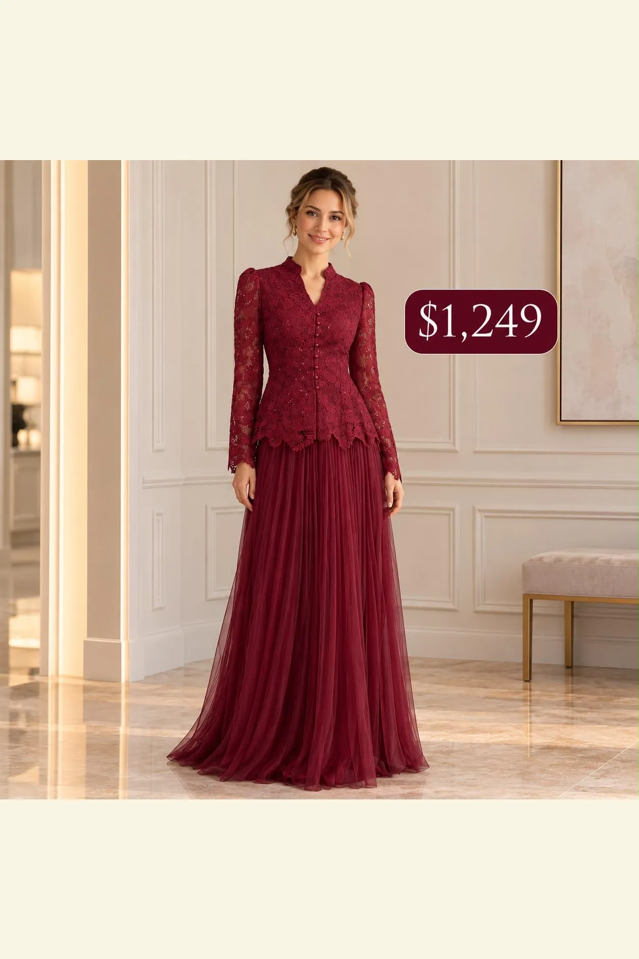 VESTIDO TINTO DE ENCAJE CON CUELLO ALTO Y MANGAS LARGAS