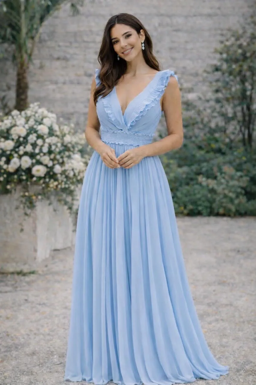 VESTIDO MAXY ESCOTE EN V PLISADO BABY BLUE