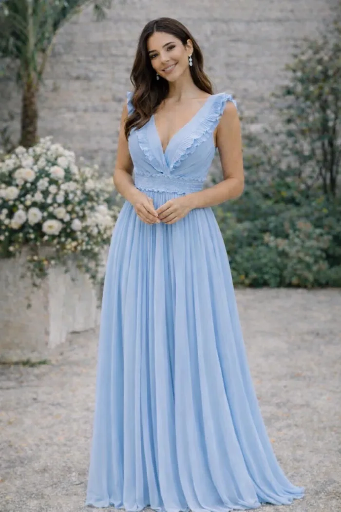 VESTIDO MAXY ESCOTE EN V PLISADO BABY BLUE
