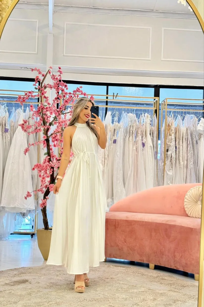 Vestido Halter Blanco midi Plisado