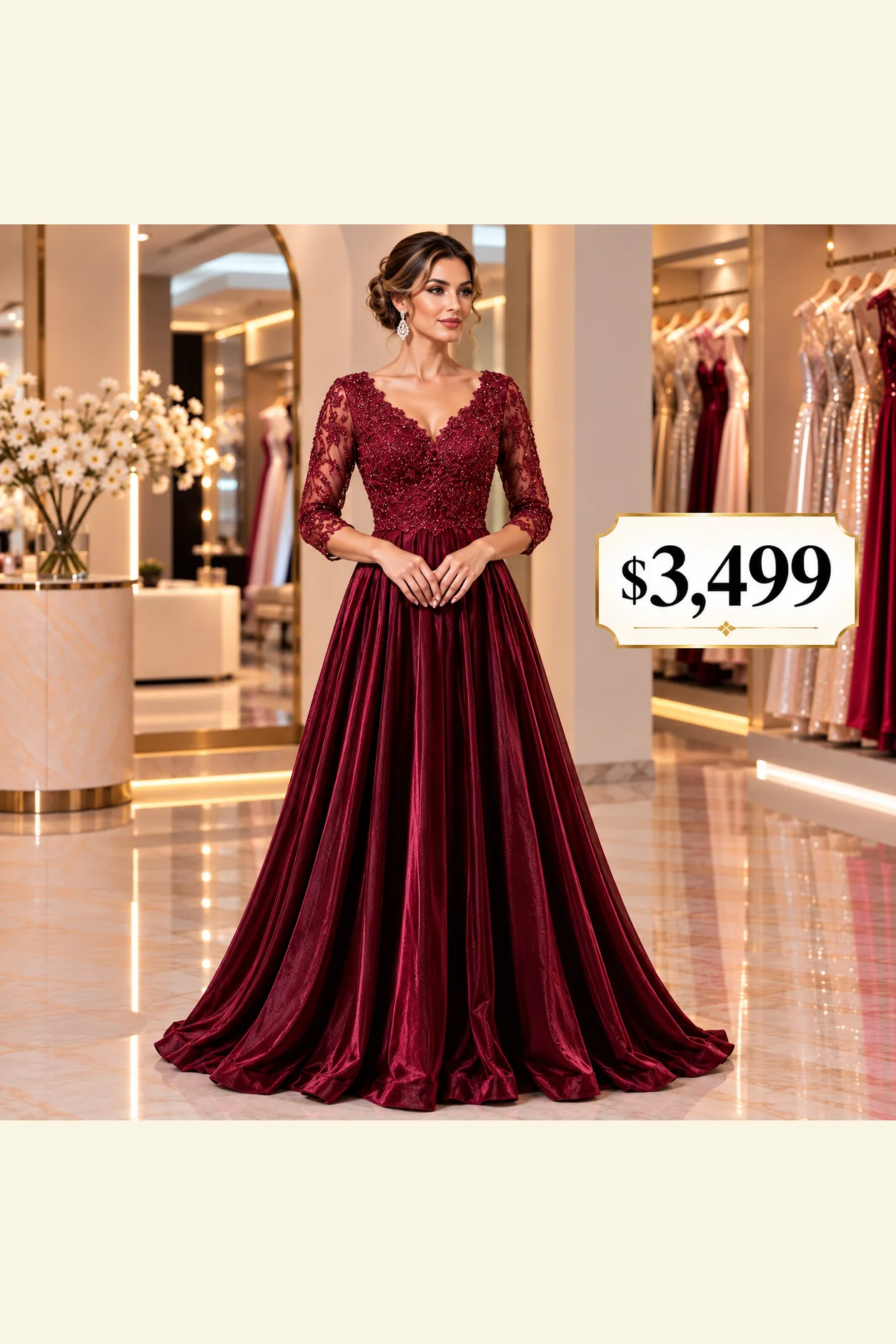 Vestido en color tinto con mangas para mamá del novio