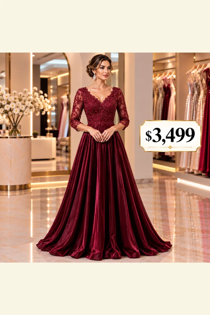 Vestido en color tinto con mangas para mamá del novio