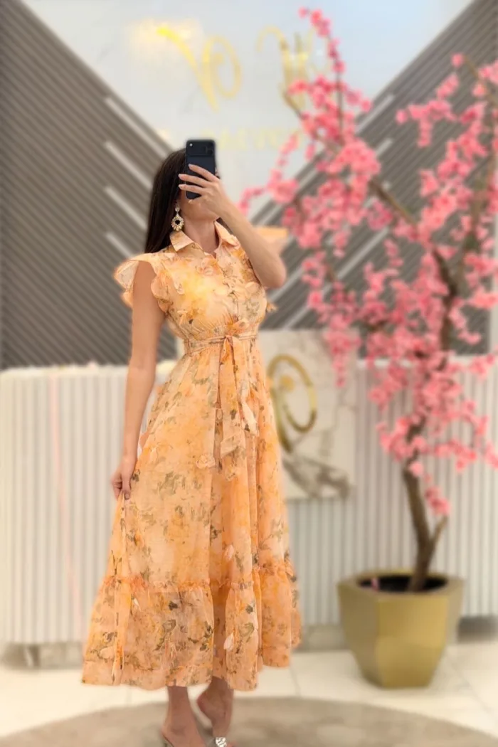 VESTIDO MIDI COLOR NARANJA CON FLORES EN 3D