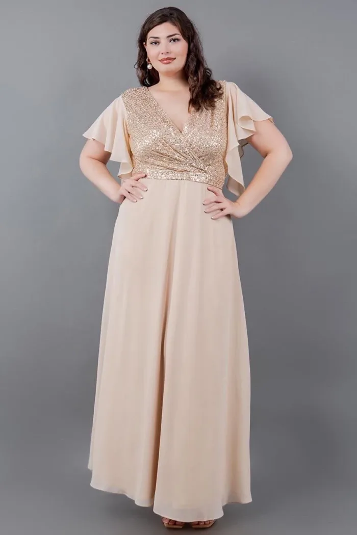 VESTIDO COLOR BEIGE CON DORADO EN TALLAS EXTRA