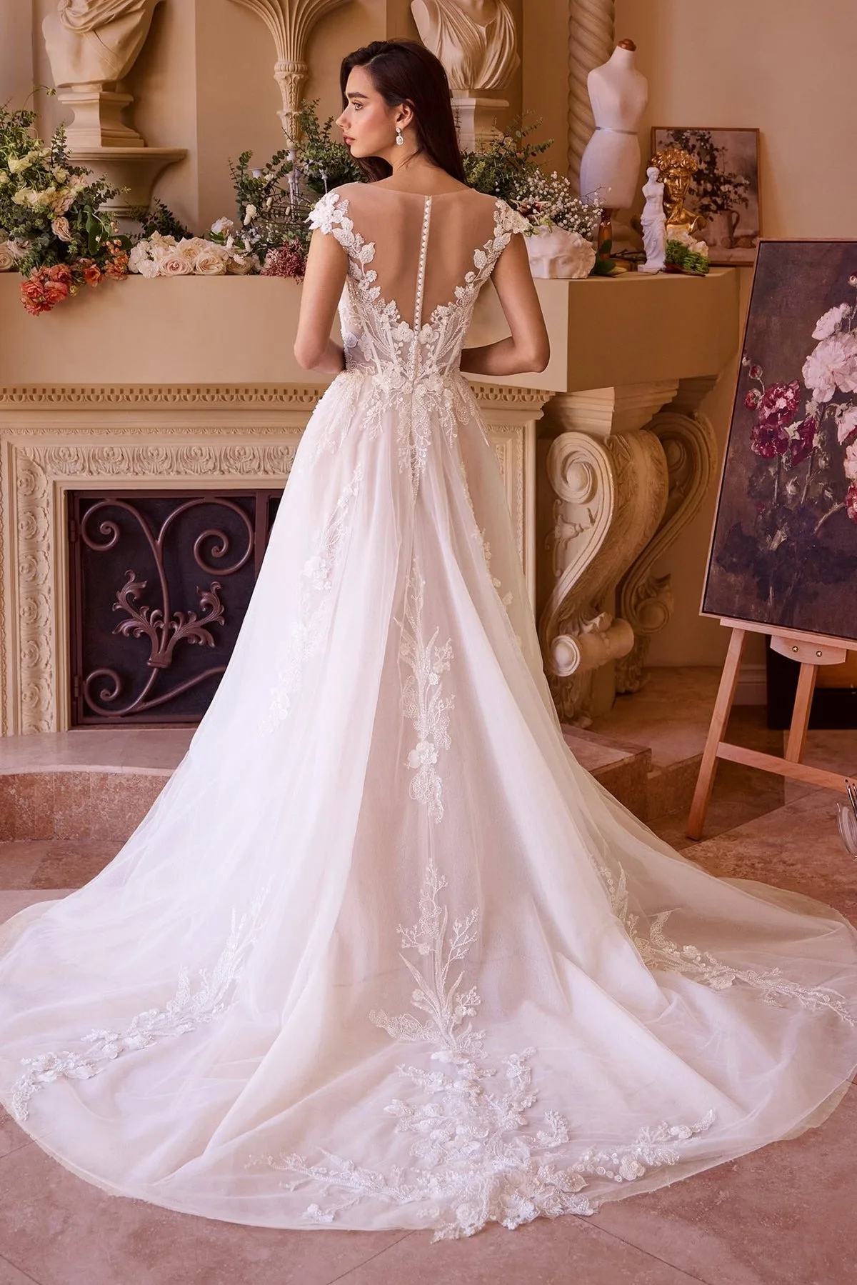 WL038 Este encantador vestido de gala presenta un escote ilusión y delicadas mangas cortas, creando una silueta increíbl, vista 3