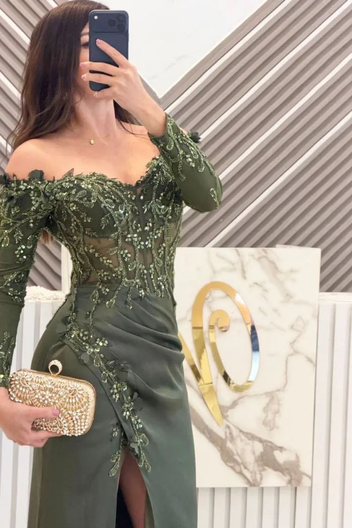 VESTIDO VERDE OLIVO CON MANGAS