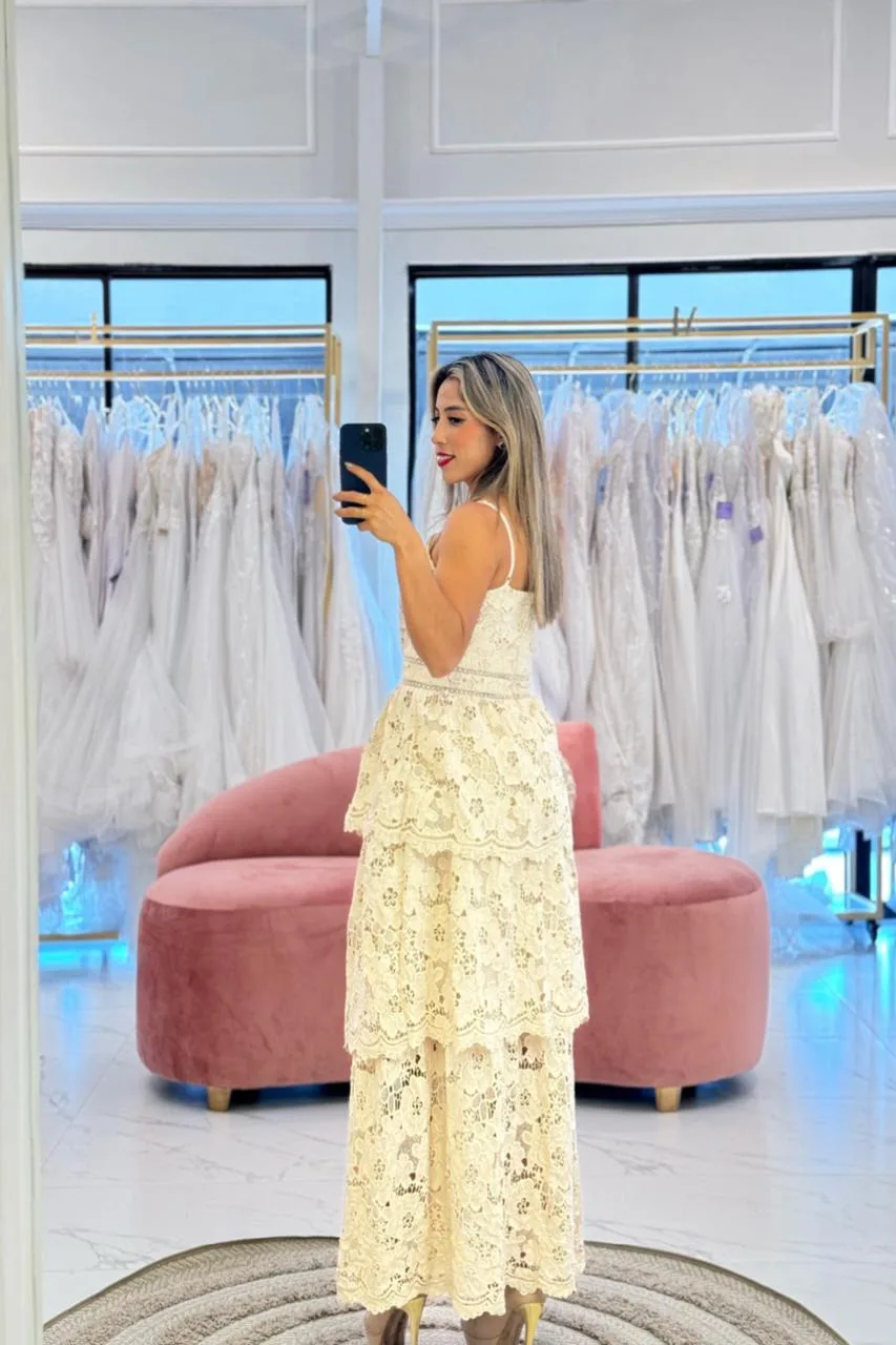 VESTIDO MIDI BEIG ENCAJE ESTAMPADO FLORES, vista 2