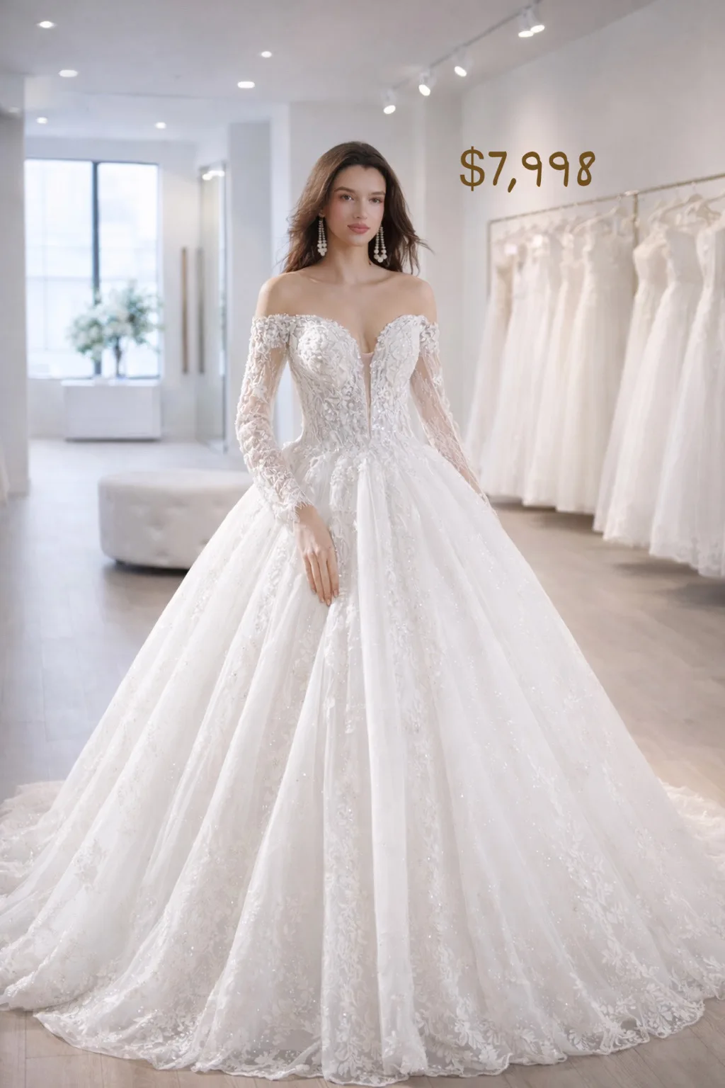 Vestido de novia con Manga, larga y hombro descubierto con Pedreria