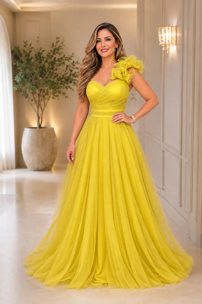 Vestido de fiesta largo amarillo limón