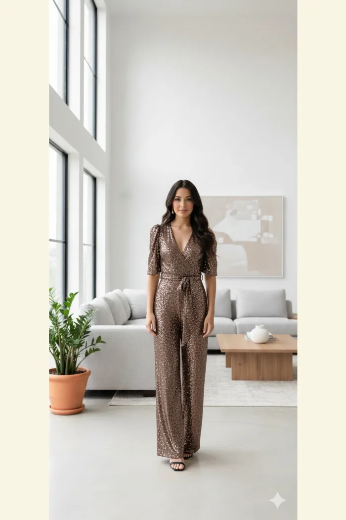 PALAZZO CON MANGAS café con lentejuelas