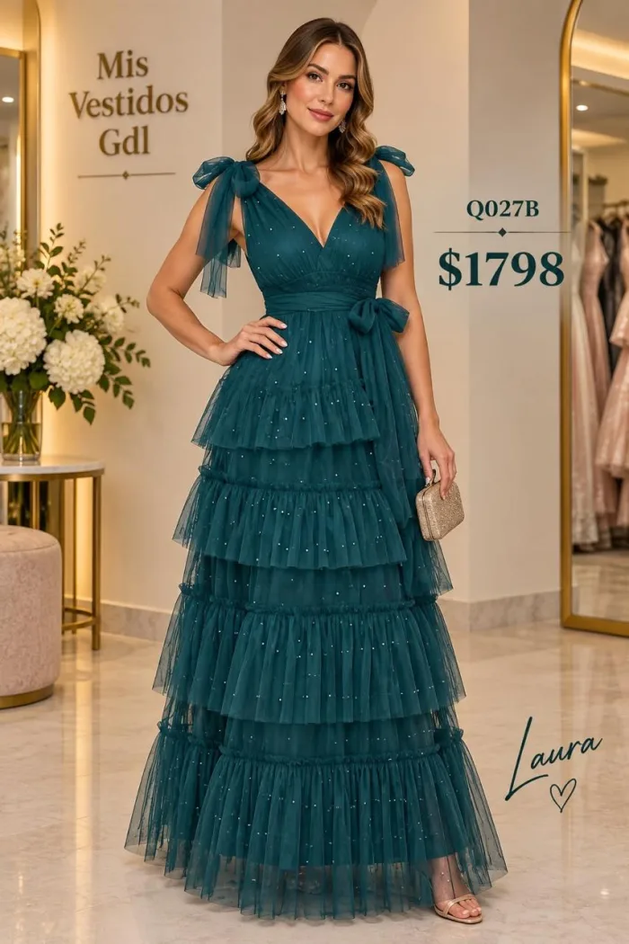 VESTIDO DE TUL CON HOLANES Y MOÑO Q027B