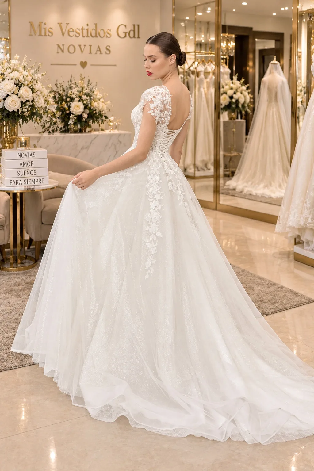 Vestido de novia blanco con encaje A1072W, vista 2