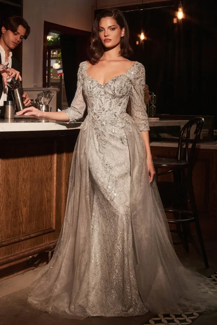 Vestido Plata, con Cauda, desmontable y Mangas