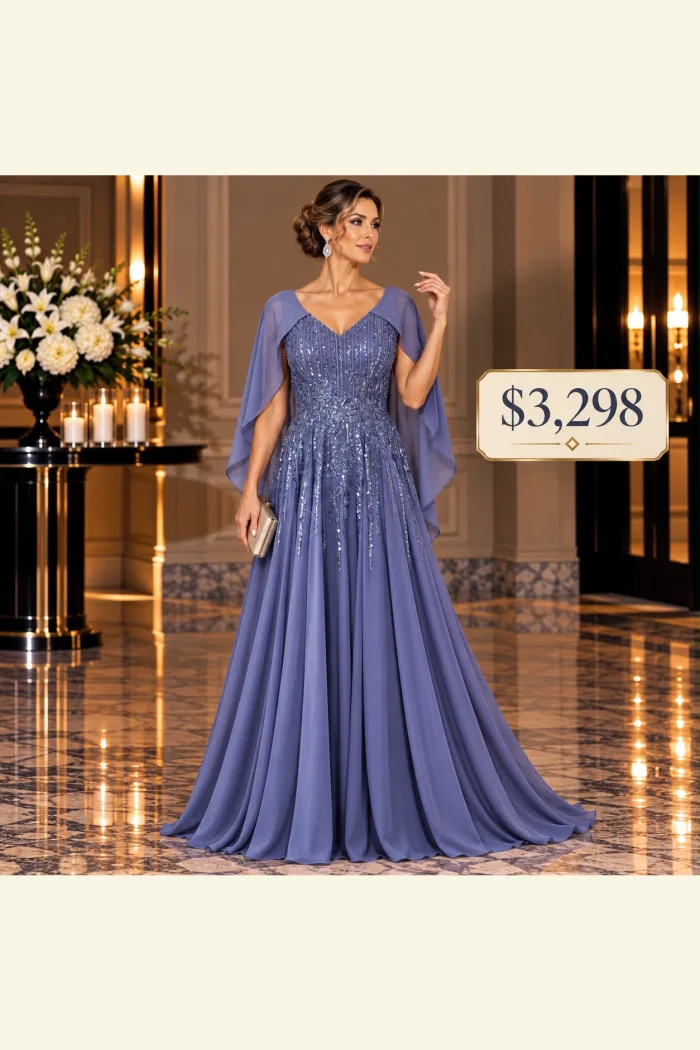 VESTIDO CORTE A CON PEDRERÍA Y MAGAS EN TUL