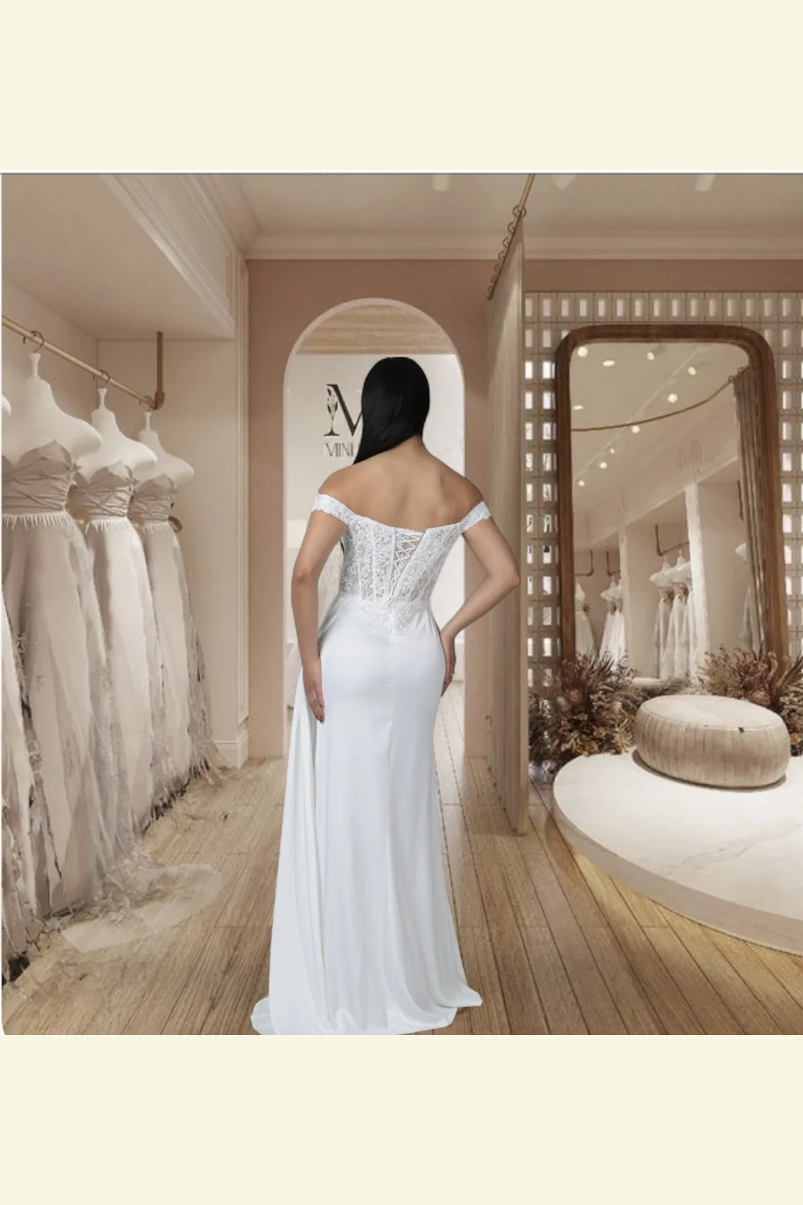 Vestido de novia corte sirena con los hombros descubiertos en satin y abertura en pierna, vista 2