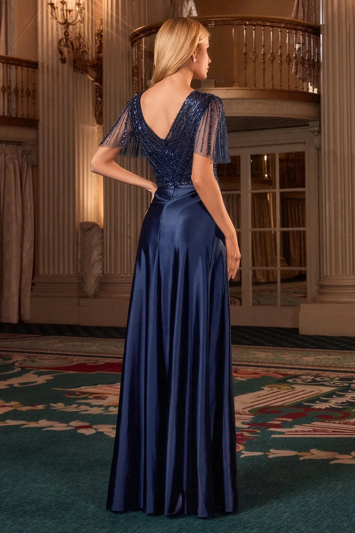 VESTIDO AZUL MARINO CON MANGAS EN CORTE A CC447, vista 3