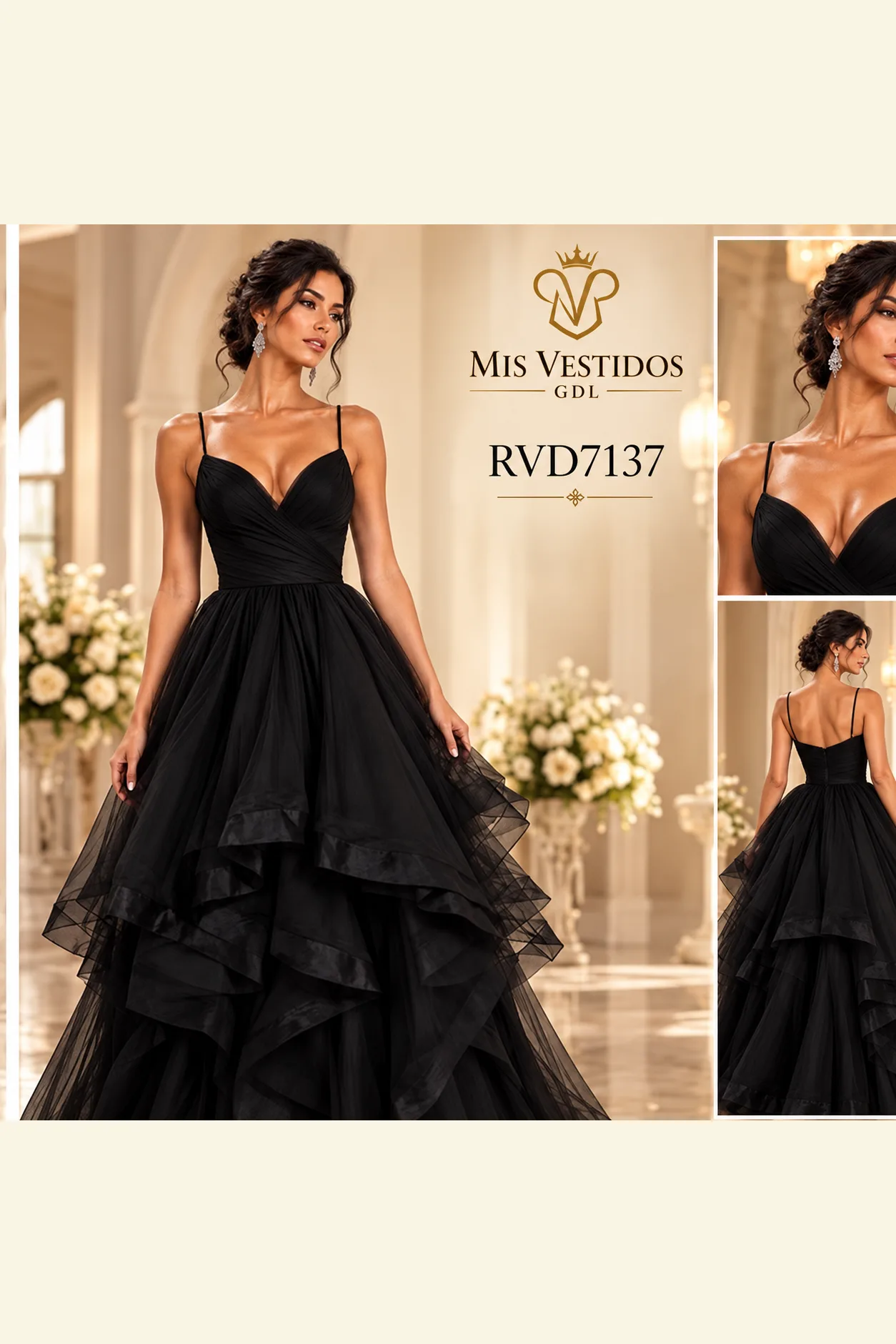 Vestido en color negro, en capas con tirante, vista 2