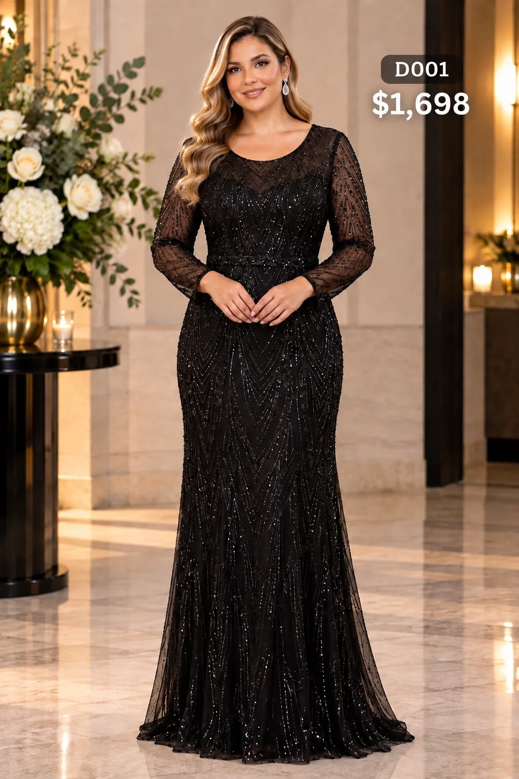 Vestido en color negro, en lentejuela con mangas XXX