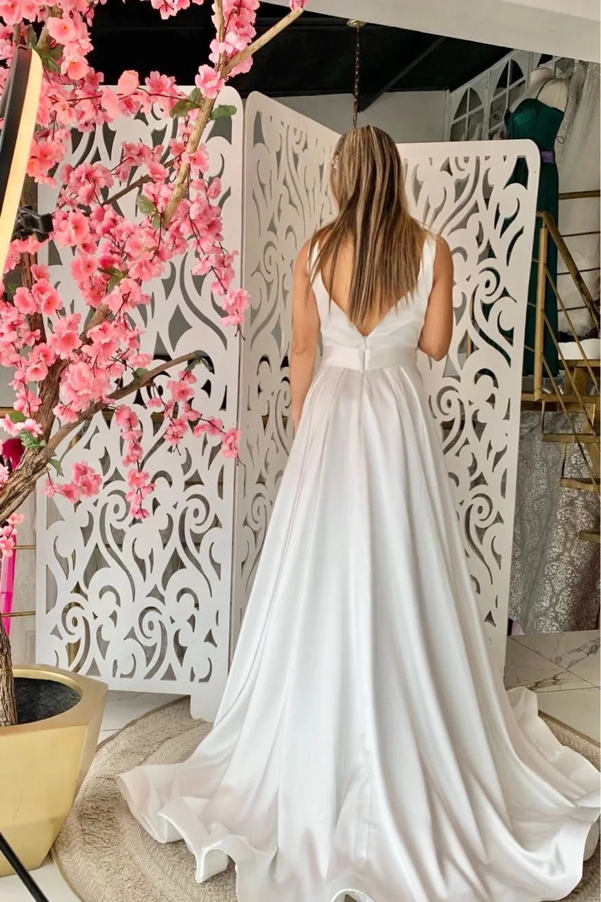 VESTIDO NOVIA RAZO CORTE A TIRANTE GRUESO ESCOTE EN V CON CINTO, vista 2