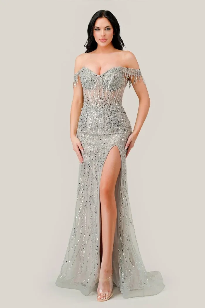 VESTIDO FIESTA SIRENA PIERNA ABIERTA CANUTILLO SILVER NUDE CD0203