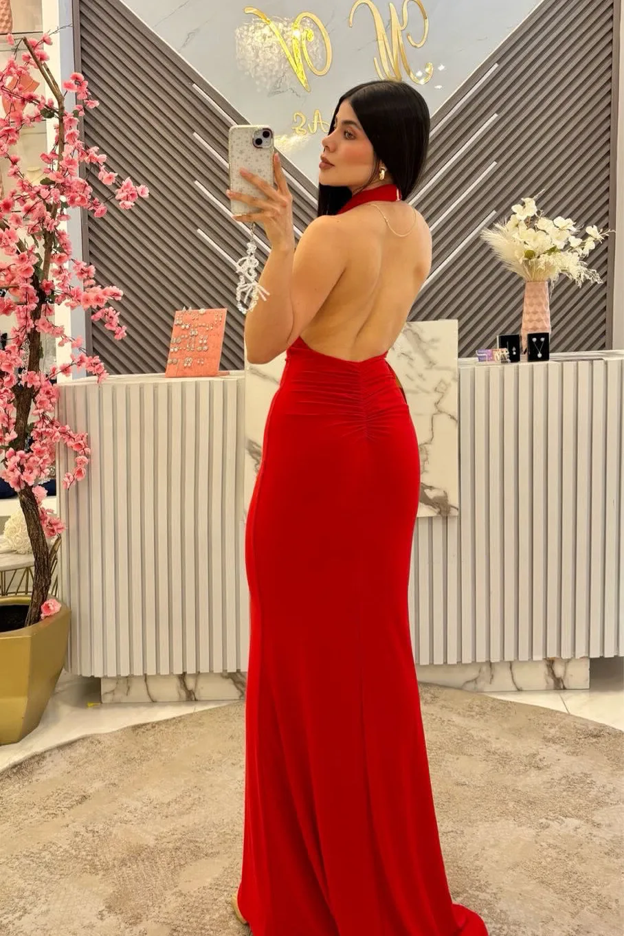 VESTIDO FIESTA SIRENA ESCOTE EN ESPALDA HALTHER ROJO, vista 2