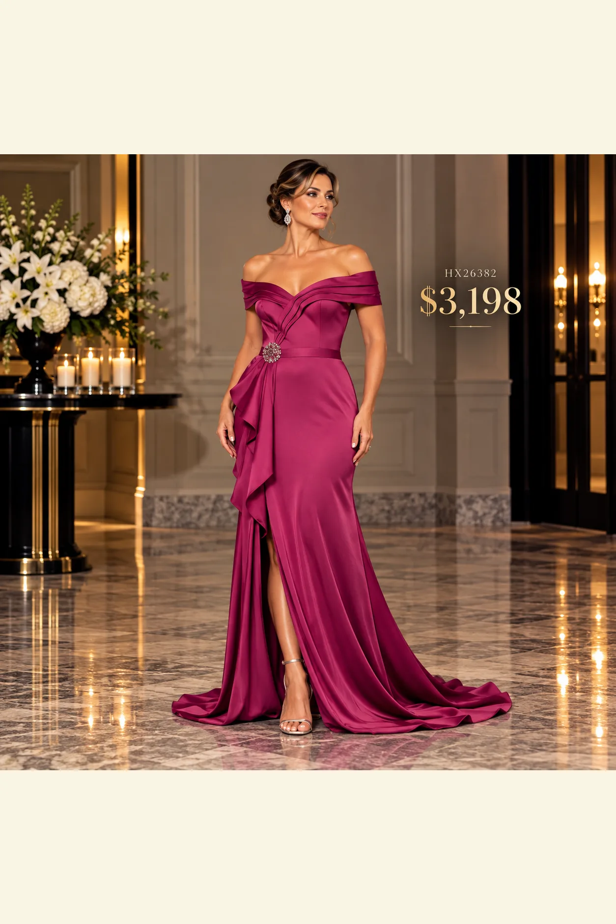 Vestido en Color, Magenta, con una abertura en pierna y hombro Dsq
