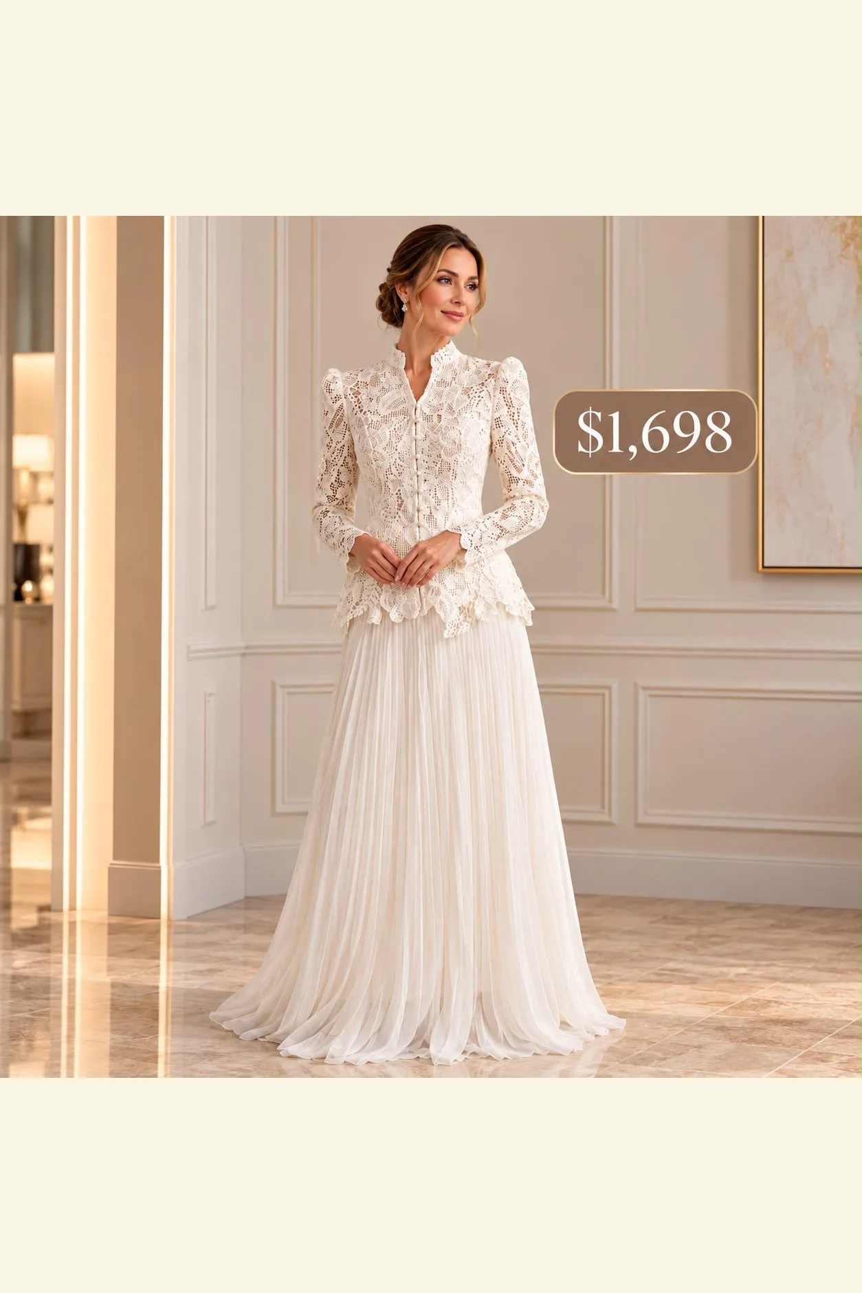 VESTIEO BLANCO DE ENCAJE CON CUELLO ALTO Y MAGAS LARGAS