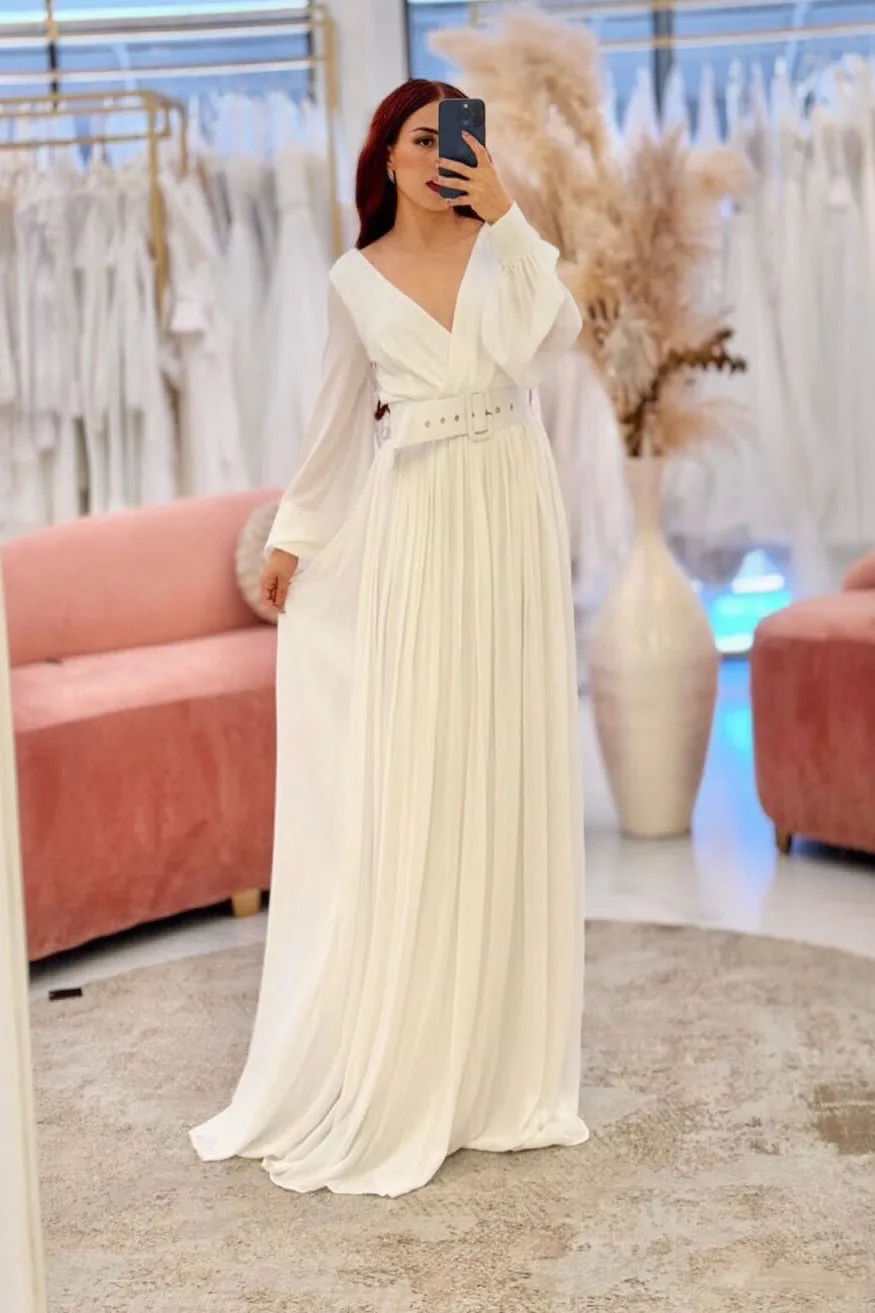 VESTIDO NOVIA CIVIL MANGA LARGA PLIZADO CORTE EN A