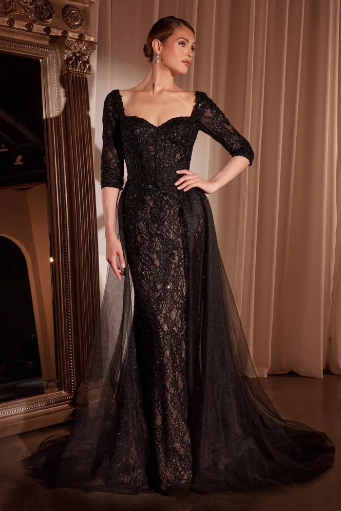 VESTIDO FIESTA NEGRO MANGA TRES CUARTOS CUADA TUL DESMONTABLE