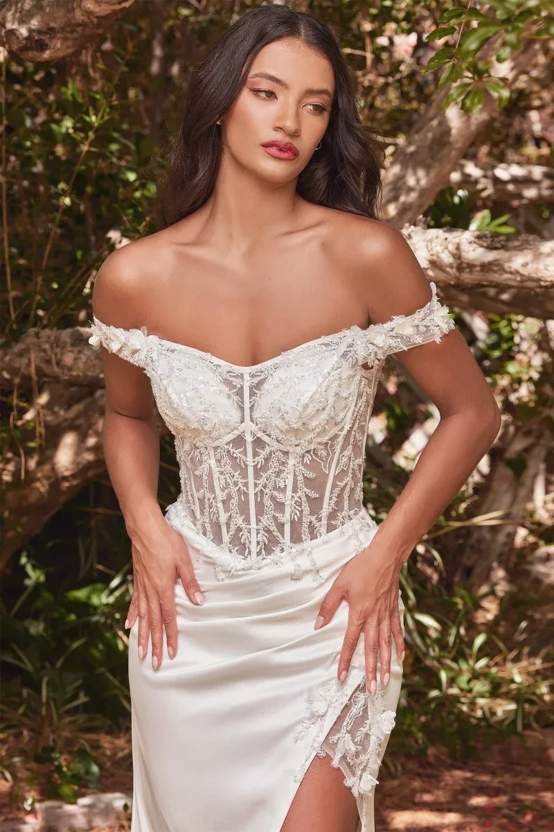 CD0186W vestido de Novia civil, con abertura en la pierna y hombro descubierto en Encaje