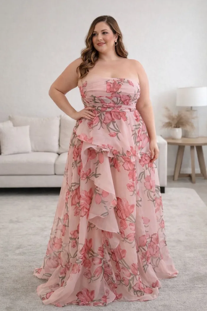 VESTIDO FLOREADO CON OLANES COLOR ROSA