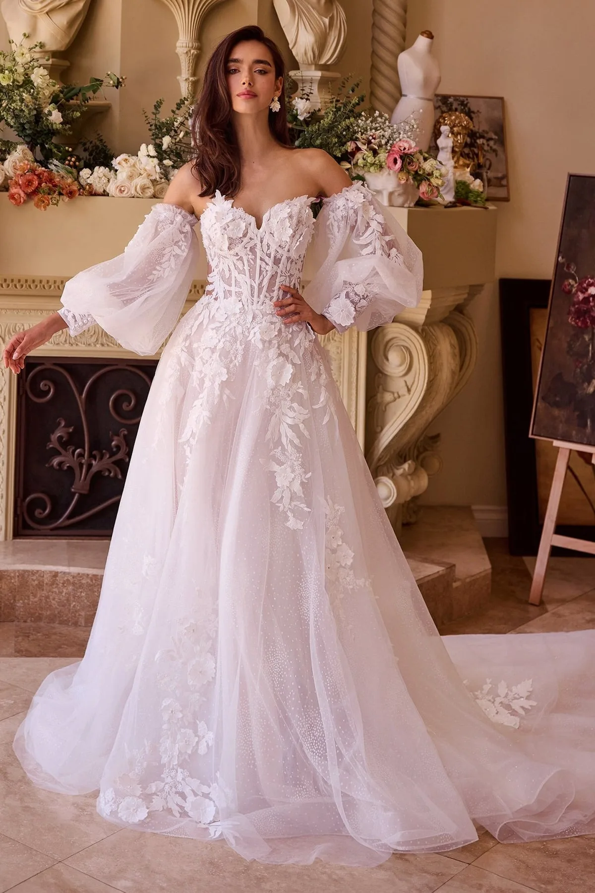 VESTIDO NOVIA CORTE A STRAPLE CORTE PRINCESA MANGA DESMONTABLE BOMBACHA. MOD.WL018