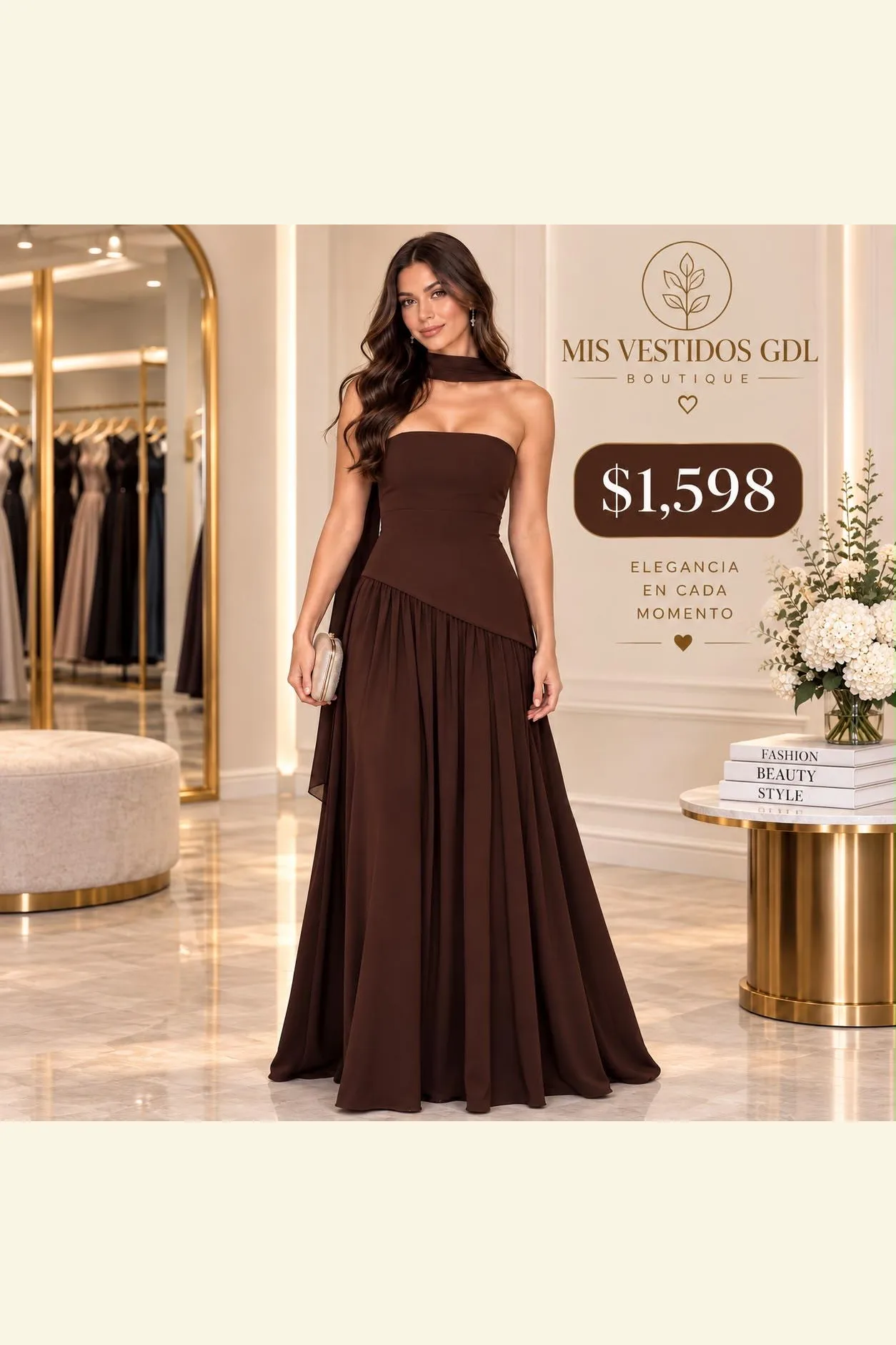 VESTIDO BROWN LARGO CON ESCOTE STRAPLE CORTE ASIMÉTRICO