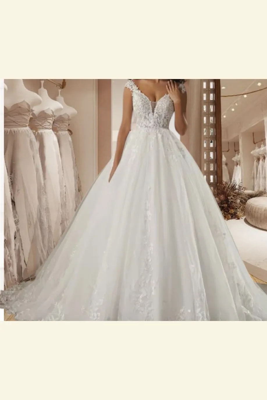 Vestido de novia, cuello en v Hombro descubierto.