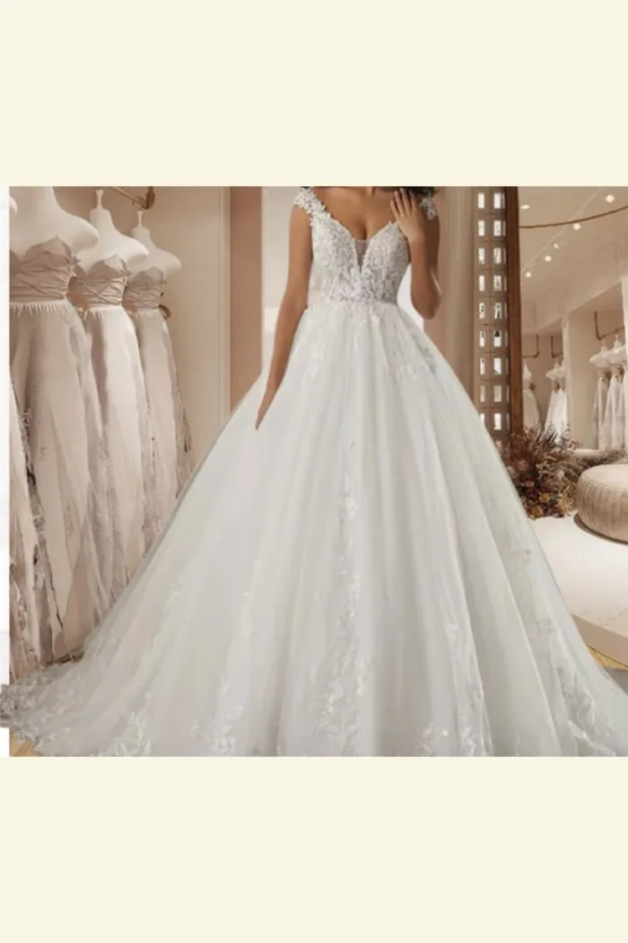 Vestido de novia, cuello en v Hombro descubierto.