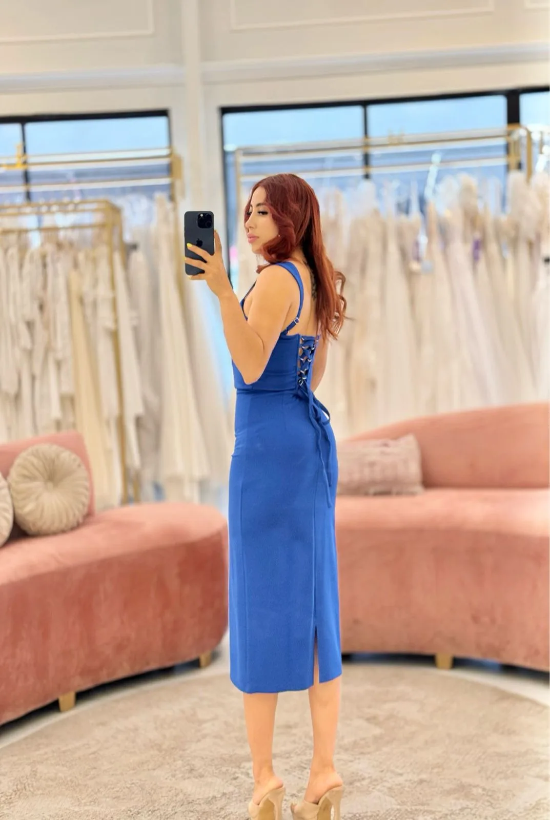 Vestido midi azul rey y pegado de tirantes fino algodón, vista 2