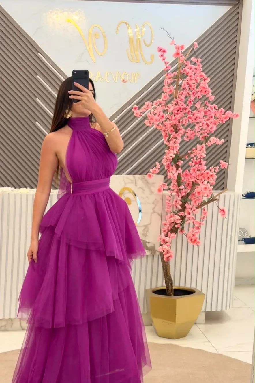 VESTIDO COLOR MAGENTA, DE TUL CON ESCOTE EN LA ESPALDA, vista 2