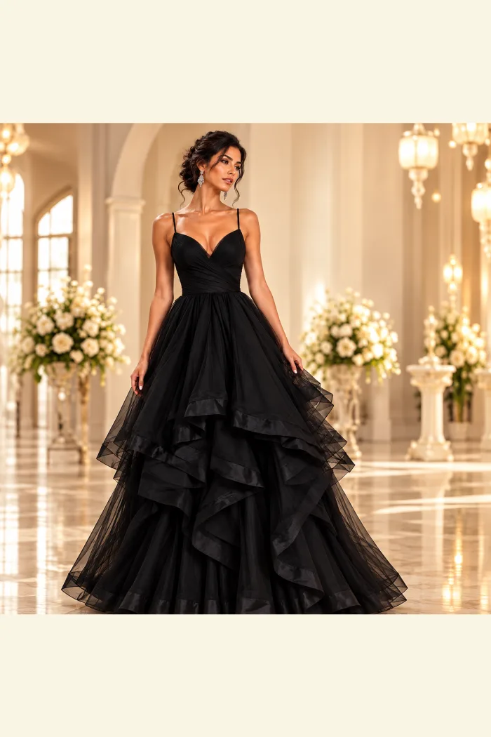 Vestido en color negro, en capas con tirante