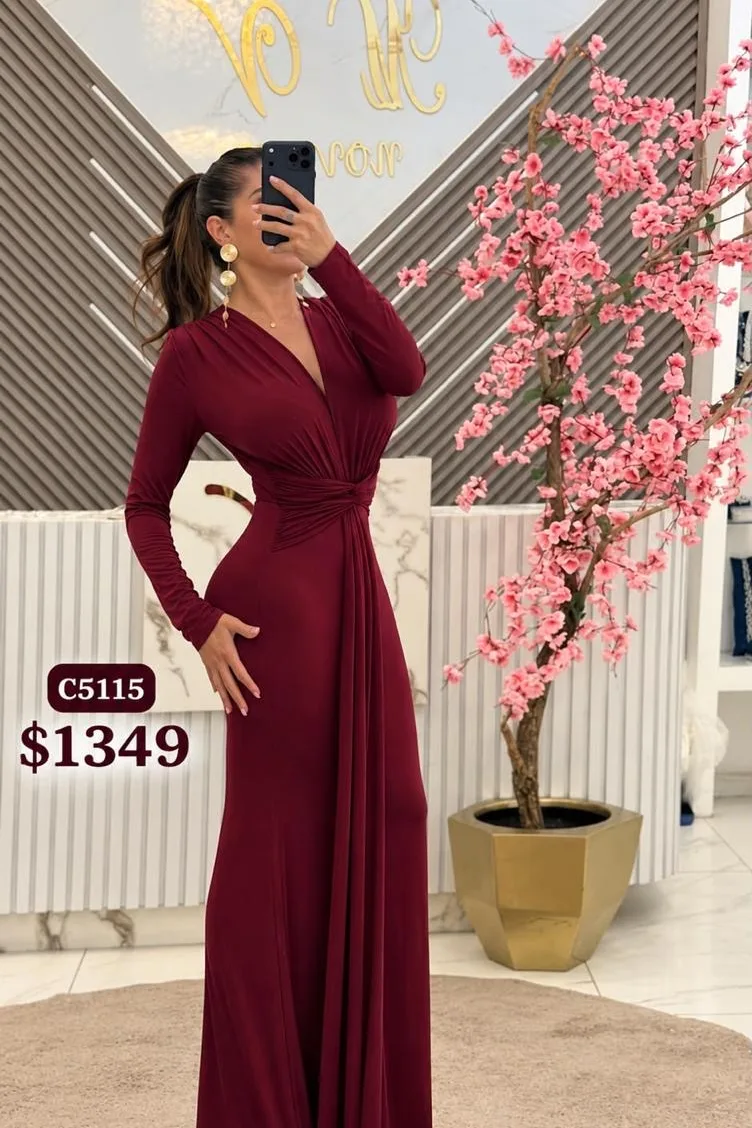 VESTIDO MANGA LARGA CON DRAPEADO EN CINTURA C5115