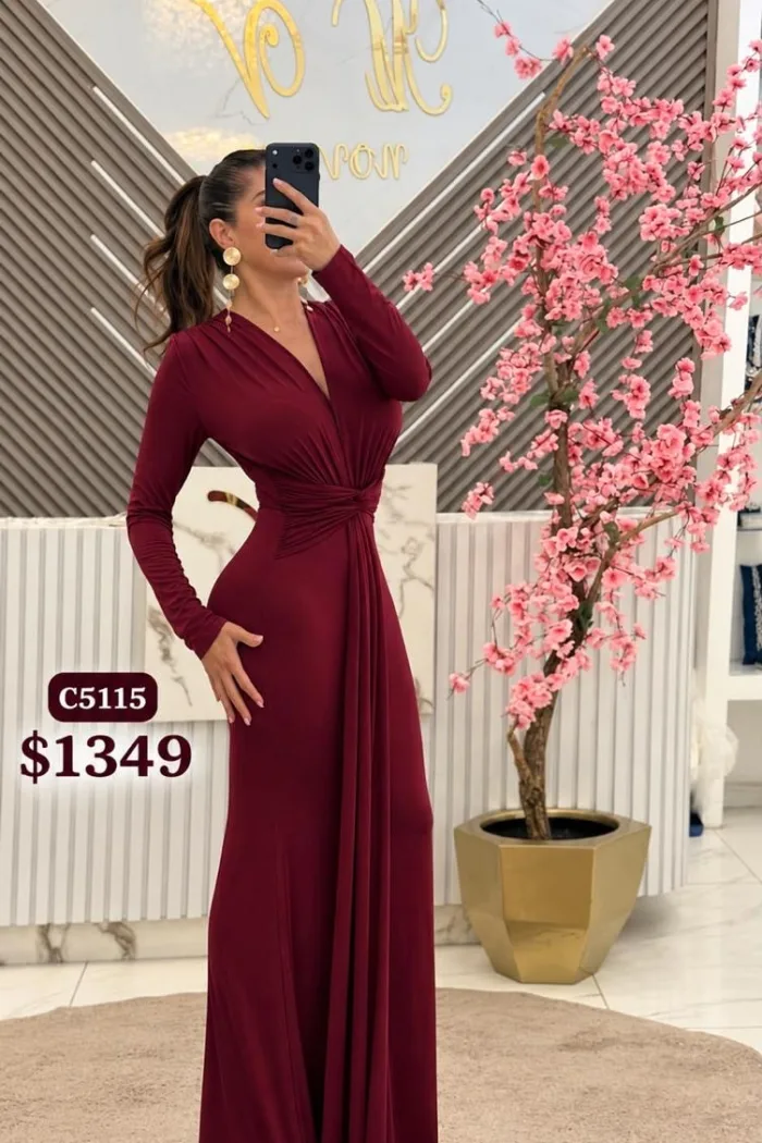 VESTIDO MANGA LARGA CON DRAPEADO EN CINTURA C5115