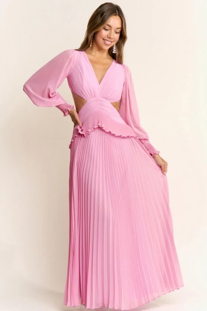 VESTIDO COLOR ROSA PLIZADO CON MANGAS